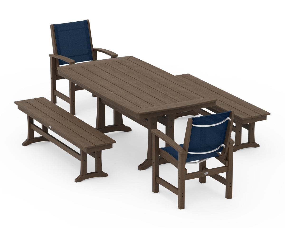 POLYWOOD Coastal 5-Piece Dining Set with Trestle Legs and Benches in Kona / Navy Blue