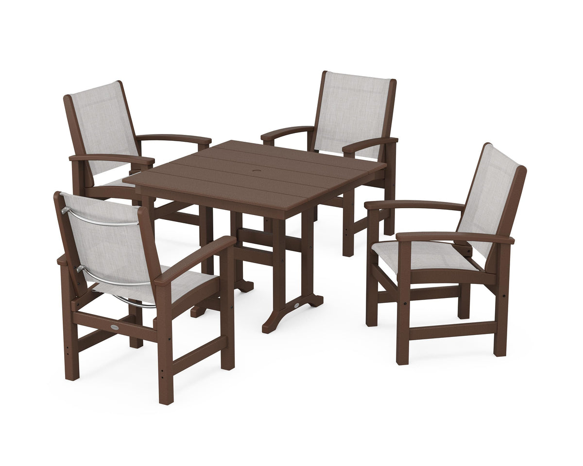 POLYWOOD Coastal 5-Piece Farmhouse Dining Set with Farmhouse 37" Dining Table in Mahogany / Parchment