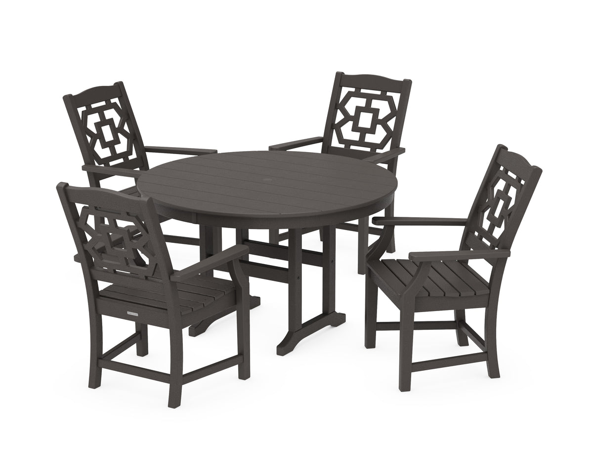 POLYWOOD Chinoiserie 5-Piece Round Farmhouse Dining Set in Vintage Coffee