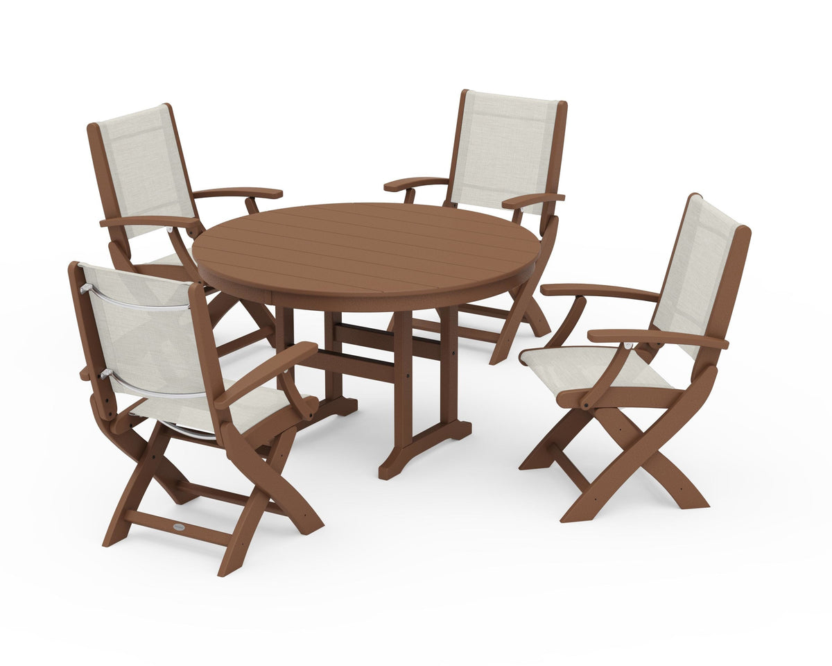 POLYWOOD Coastal Folding Chair 5-Piece Round Dining Set in Teak / Parchment