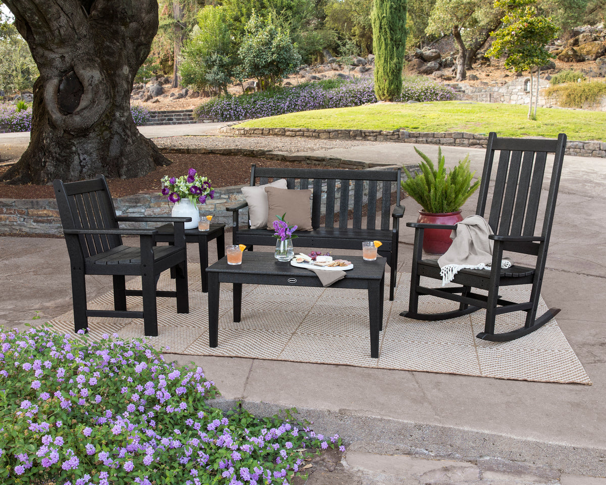 POLYWOOD Vineyard 5-Piece Bench &amp; Rocking Chair Set in an outdoor setting