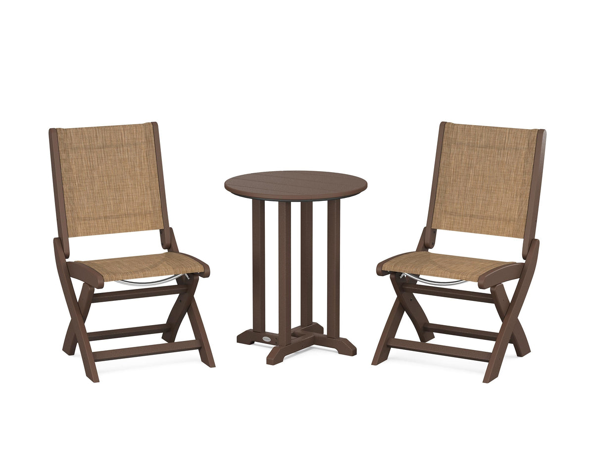 POLYWOOD Coastal Folding Side Chair 3-Piece Round Bistro Dining Set in Mahogany / Burlap