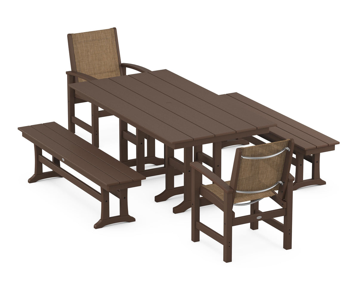 POLYWOOD Coastal 5-Piece Farmhouse Dining Set with Farmhouse 37" x 72" Dining Table in Mahogany / Burlap