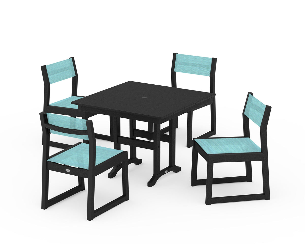 POLYWOOD EDGE Sling Side Chair 5-Piece Farmhouse Dining Set in Black / Dupioni Aquamarine