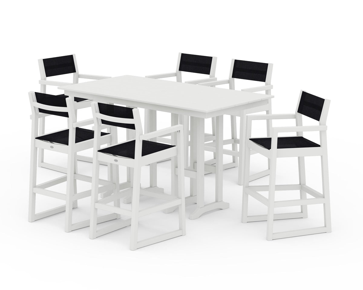 POLYWOOD EDGE Sling Arm Chair 7-Piece Farmhouse Bar Set in Vintage White / Black
