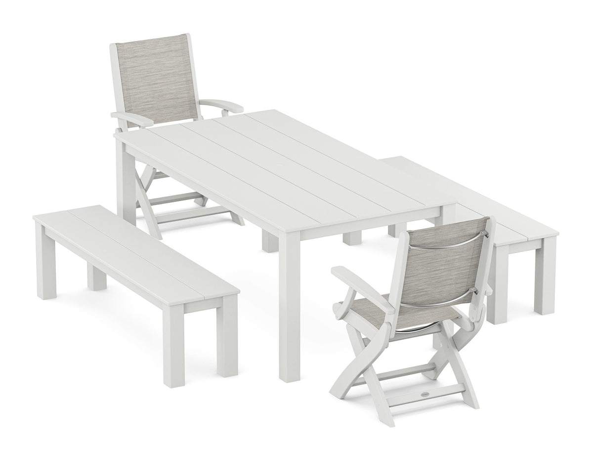 POLYWOOD Coastal Folding Chair 5-Piece Parsons Dining Set with Benches in White / Birch