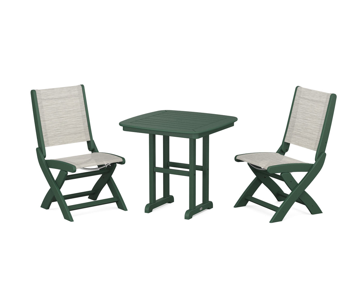 POLYWOOD Coastal Folding Side Chair 3-Piece Dining Set in Green / Birch