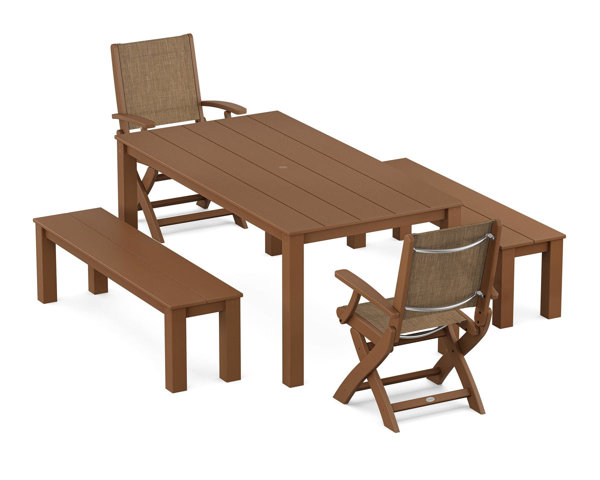 POLYWOOD Coastal Folding Chair 5-Piece Parsons Dining Set with Benches in Teak / Burlap