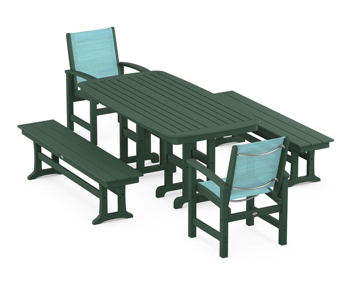 POLYWOOD Coastal 5-Piece Dining Set with Nautical 37" x 72" Dining Table in Green / Dupioni Aquamarine