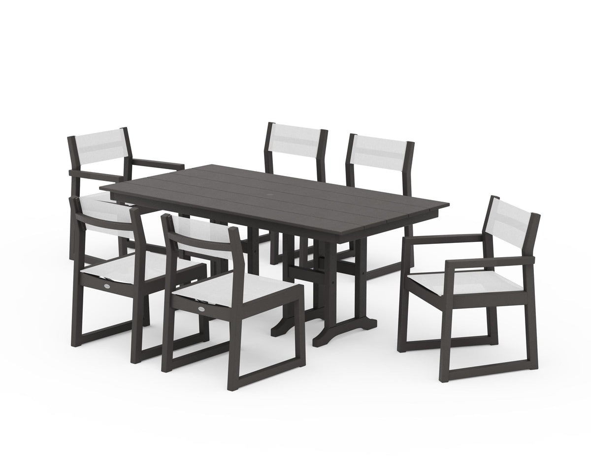 POLYWOOD EDGE Sling 7-Piece Farmhouse Dining Set in Vintage Coffee / White