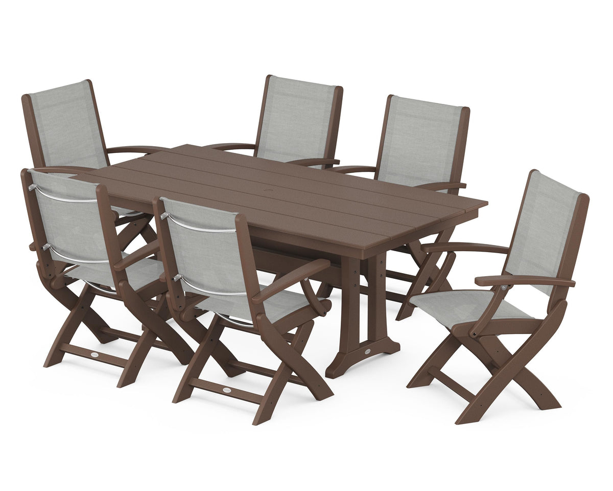POLYWOOD Coastal Folding Arm Chair 7-Piece Farmhouse Dining Set with Trestle Legs in Mahogany / Metallic