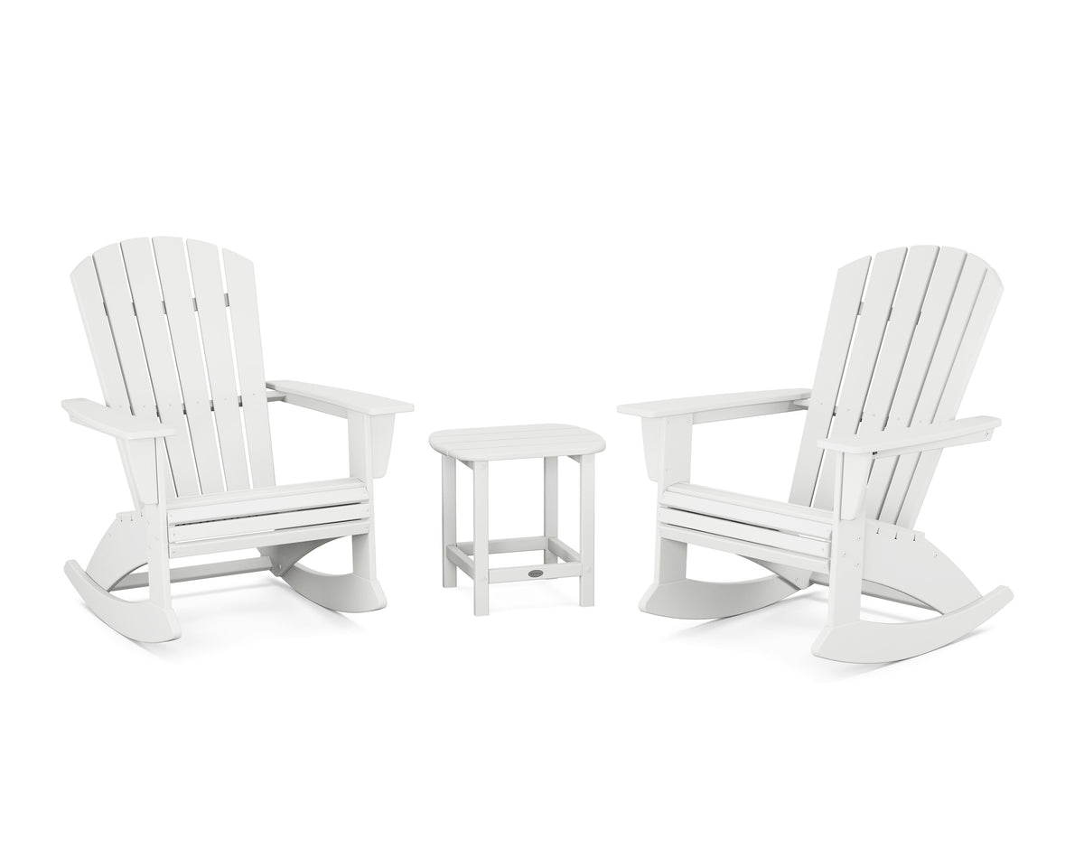 POLYWOOD Nautical Curveback 3-Piece Adirondack Rocking Chair Set in White