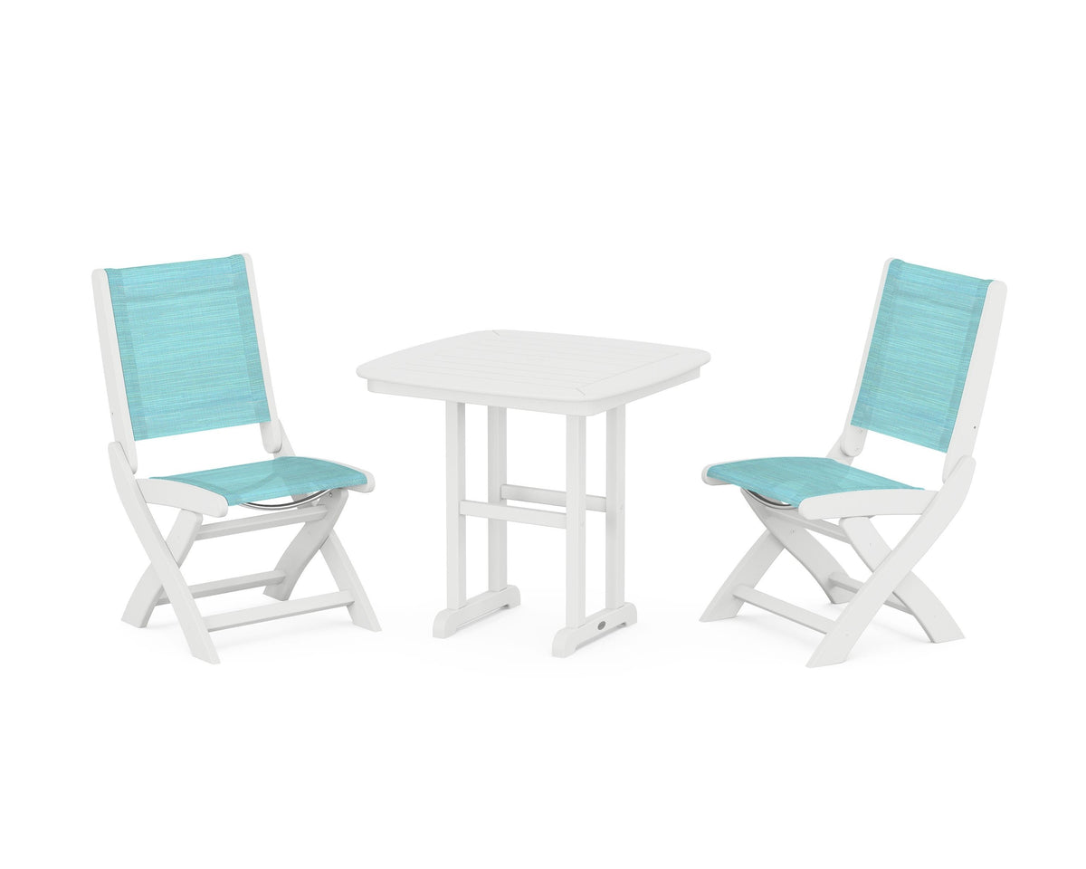 POLYWOOD Coastal Folding Side Chair 3-Piece Dining Set in White / Dupioni Aquamarine