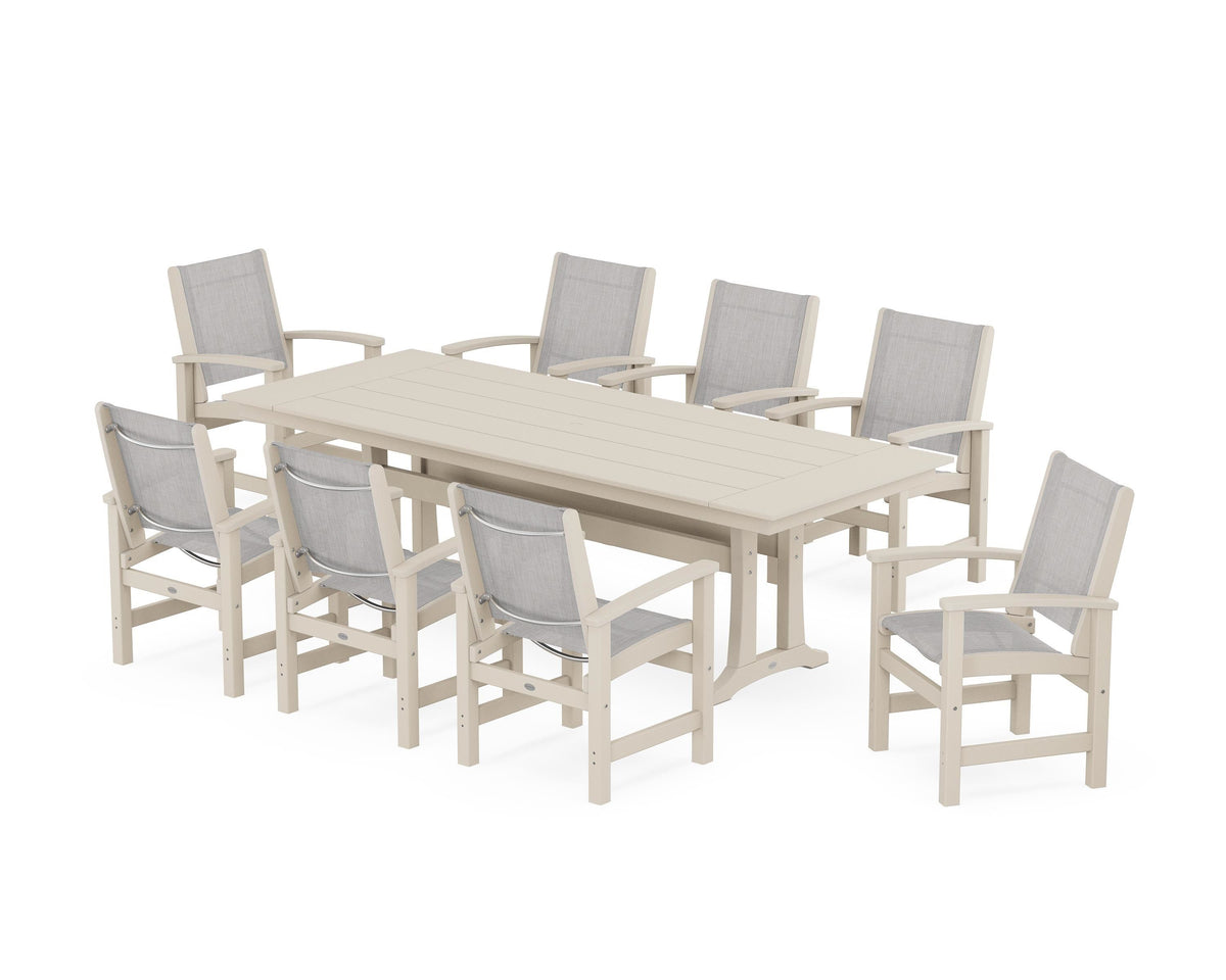 POLYWOOD Coastal 9-Piece Farmhouse Dining Set with Trestle Legs in Sand / Parchment