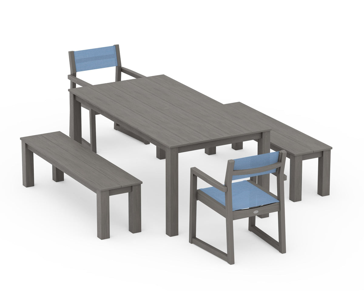 POLYWOOD EDGE Sling Arm Chair 5-Piece Parsons Dining Set with Benches in Driftwood / Poolside