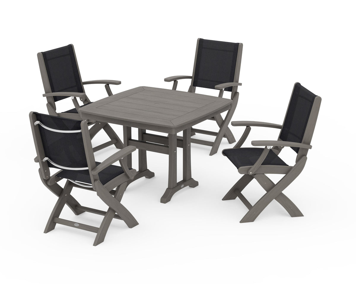 POLYWOOD Coastal Folding Chair 5-Piece Dining Set with Trestle Legs in Driftwood / Black
