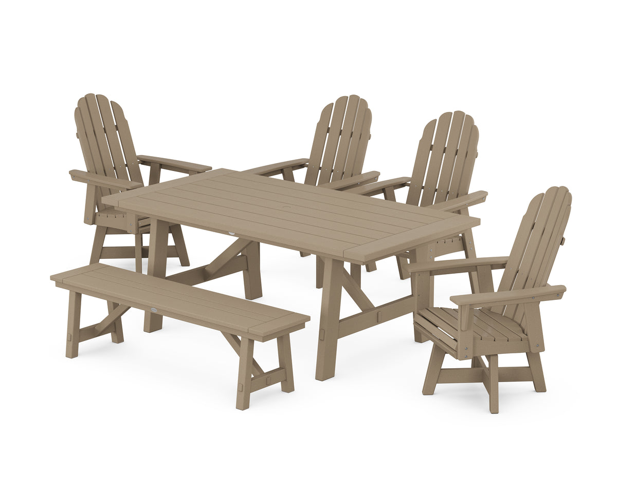 POLYWOOD Vineyard Curveback Adirondack Swivel Chair 6-Piece Rustic Farmhouse Dining Set with Bench in Vintage Sahara