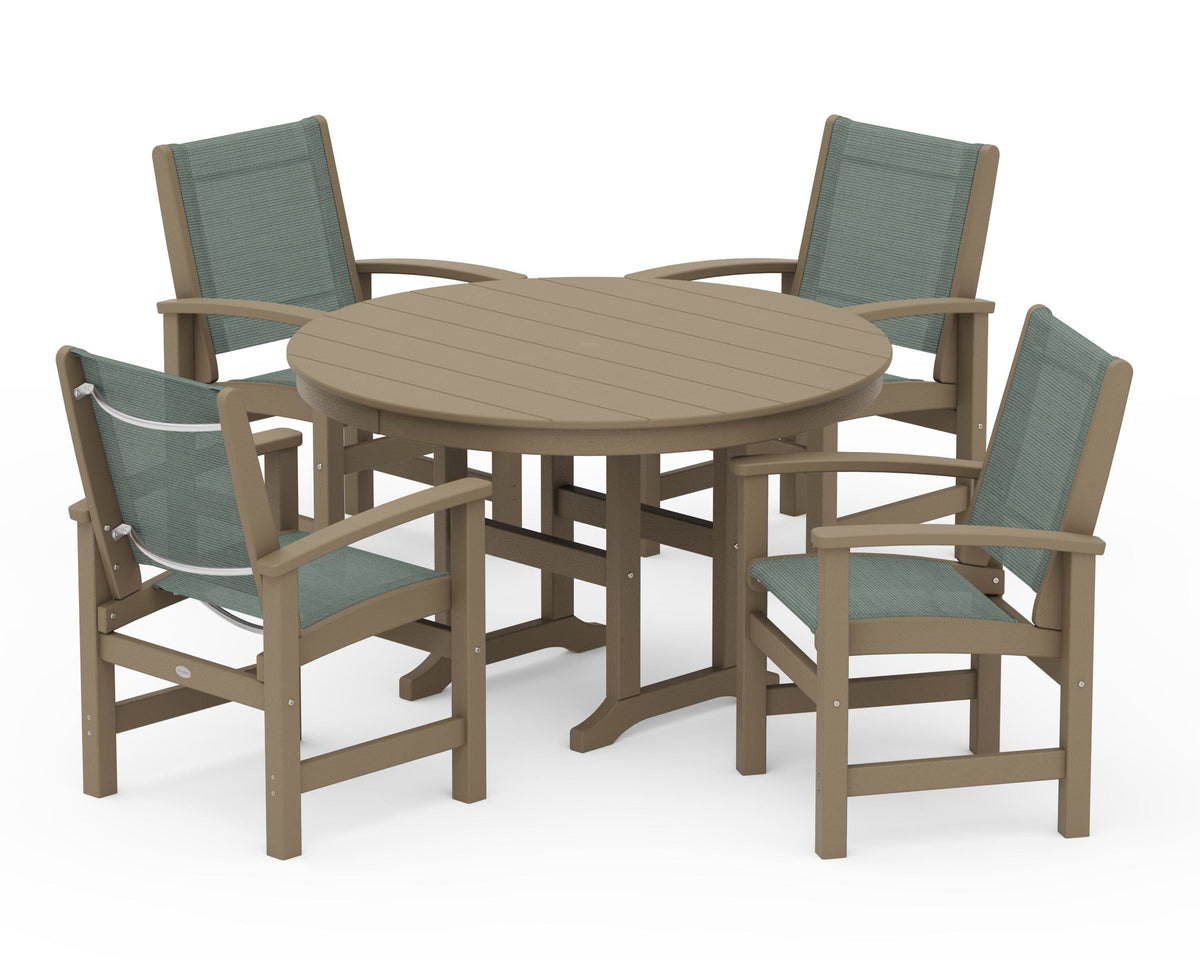 POLYWOOD Coastal 5-Piece Round Farmhouse Dining Set in Vintage Sahara / Dupioni Sea Mist