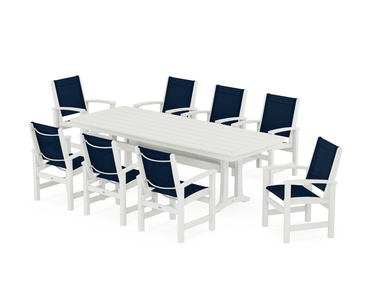 POLYWOOD Coastal 9-Piece Dining Set with Trestle Legs in Vintage White / Navy Blue