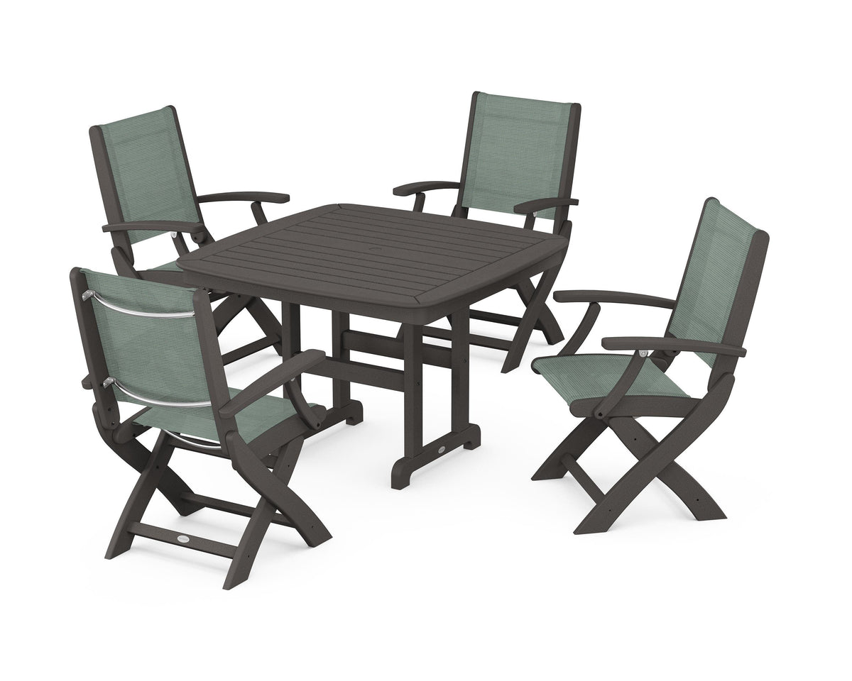 POLYWOOD Coastal Folding Chair 5-Piece Dining Set with Nautical 44" Dining Table in Vintage Coffee / Dupioni Sea Mist