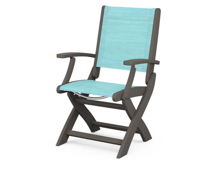POLYWOOD Coastal Folding Chair in Vintage Coffee with Vintage Coffee arms and Dupioni Aquamarine sling