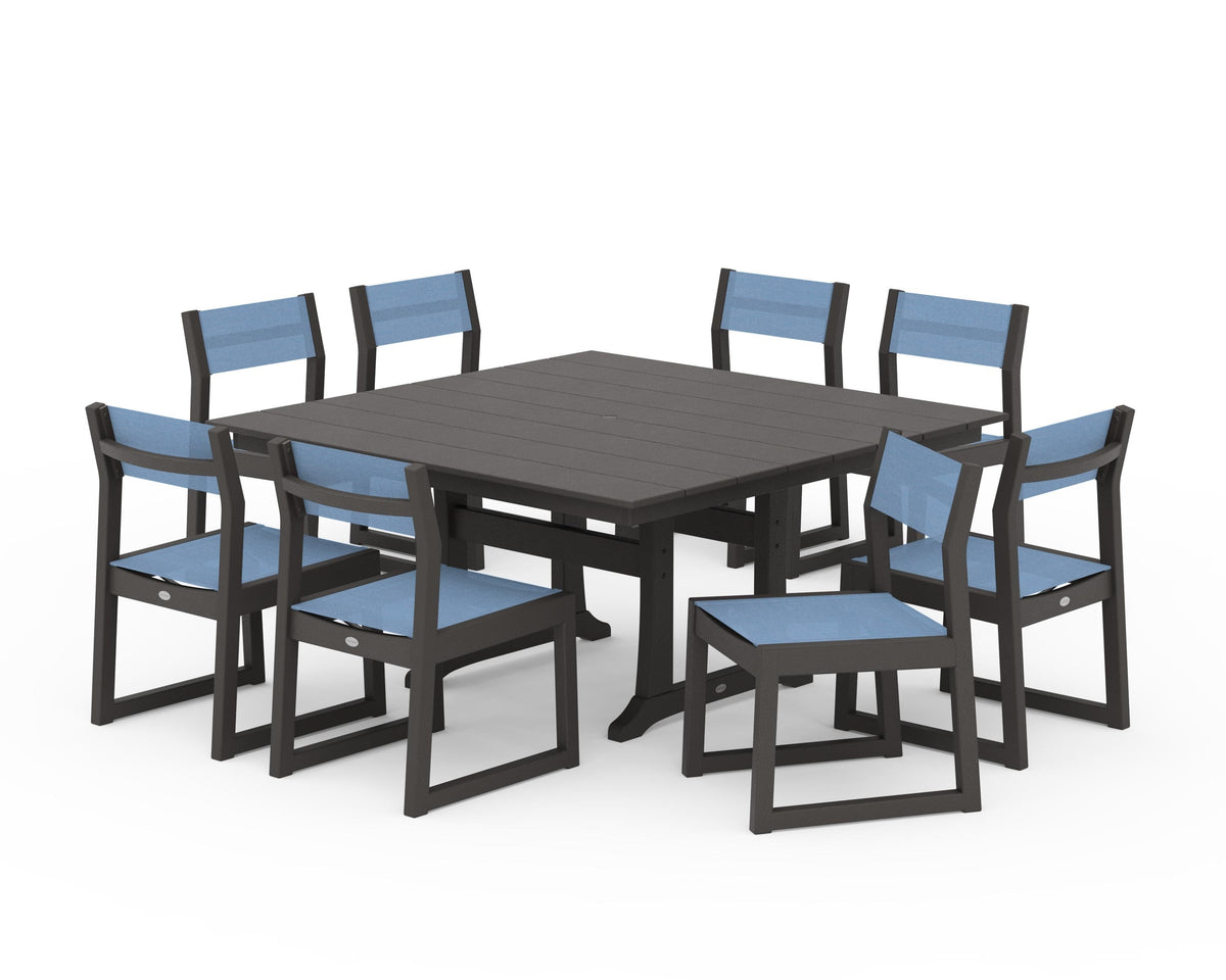 POLYWOOD EDGE Sling Side Chair 9-Piece Farmhouse Trestle Dining Set in Vintage Coffee / Poolside