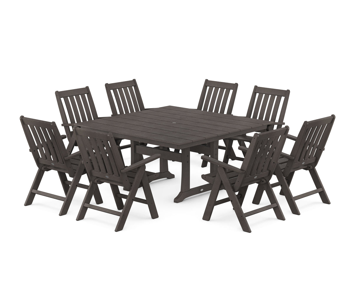 POLYWOOD Vineyard Folding Chair 9-Piece Square Farmhouse Dining Set with Trestle Legs in Vintage Coffee