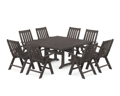 POLYWOOD Vineyard Folding Chair 9-Piece Square Farmhouse Dining Set with Trestle Legs in Vintage Coffee