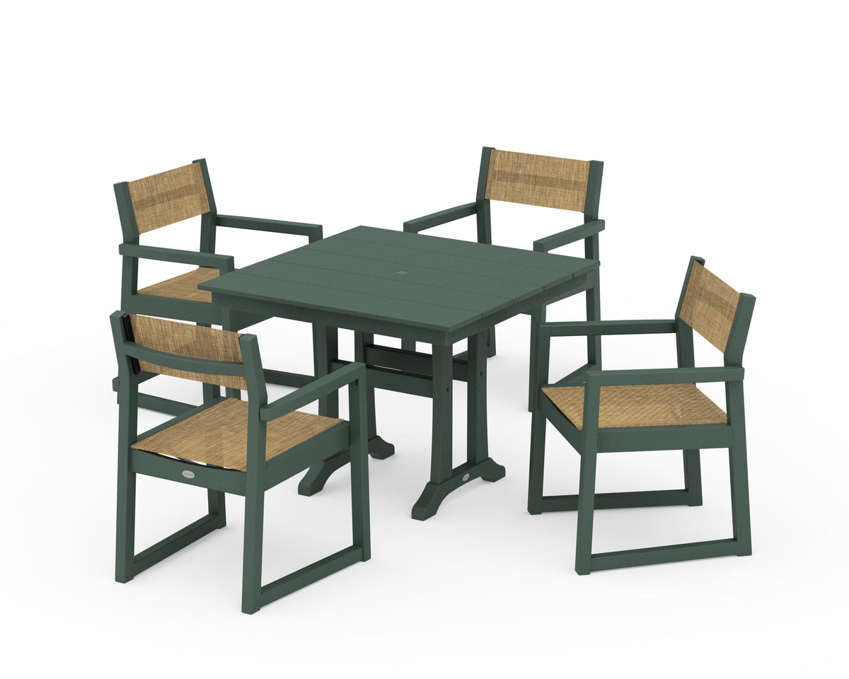 POLYWOOD EDGE Sling 5-Piece Farmhouse Dining Set with Trestle Legs in Green / Burlap