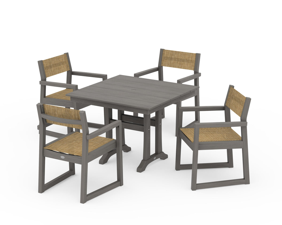 POLYWOOD EDGE Sling 5-Piece Farmhouse Dining Set with Trestle Legs in Driftwood / Burlap