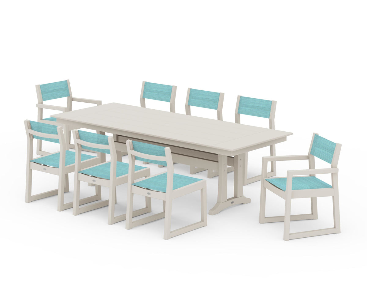 POLYWOOD EDGE Sling 9-Piece Farmhouse Trestle Dining Set in Sand / Dupioni Aquamarine