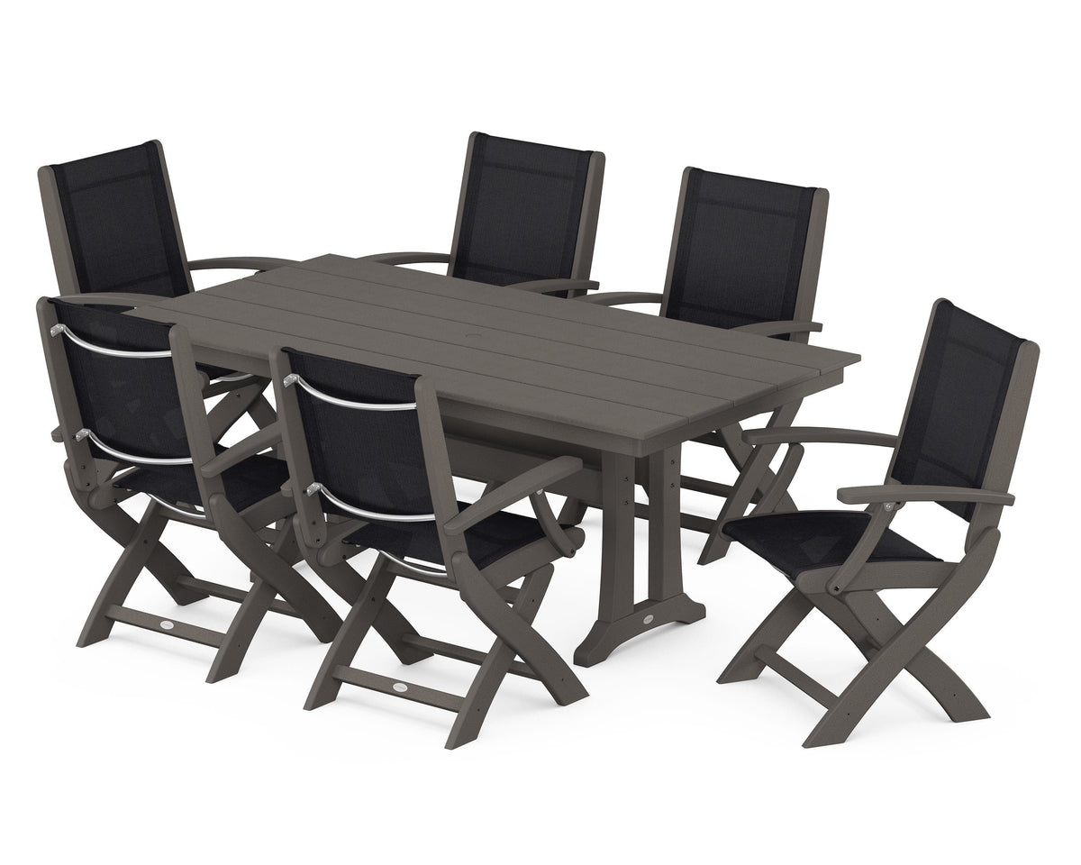 POLYWOOD Coastal Folding Arm Chair 7-Piece Farmhouse Dining Set with Trestle Legs in Vintage Coffee / Black