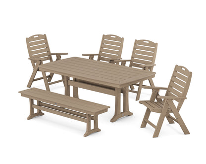 POLYWOOD Nautical Highback 6-Piece Dining Set with Trestle Legs and Bench in Vintage Sahara