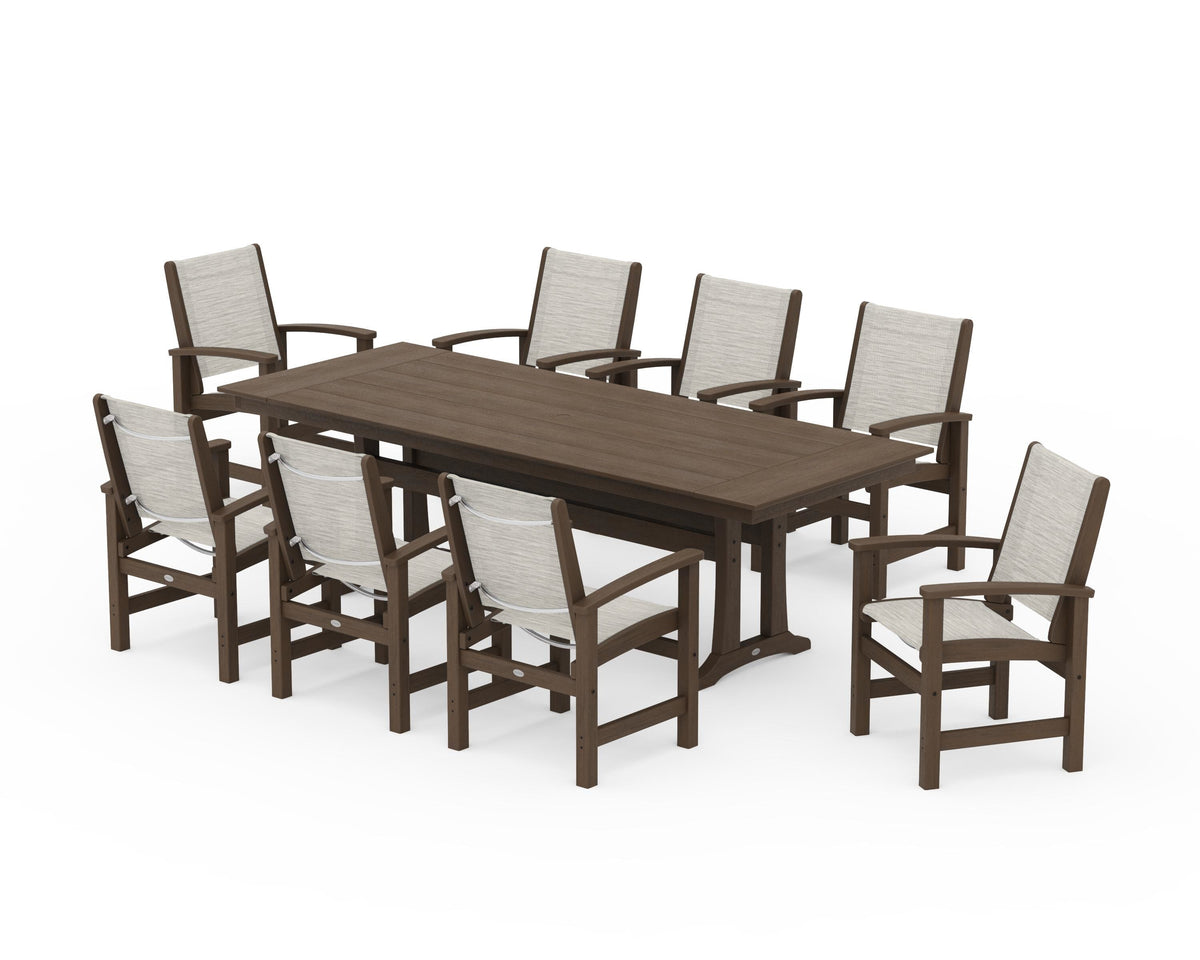 POLYWOOD Coastal 9-Piece Farmhouse Dining Set with Trestle Legs in Kona / Birch