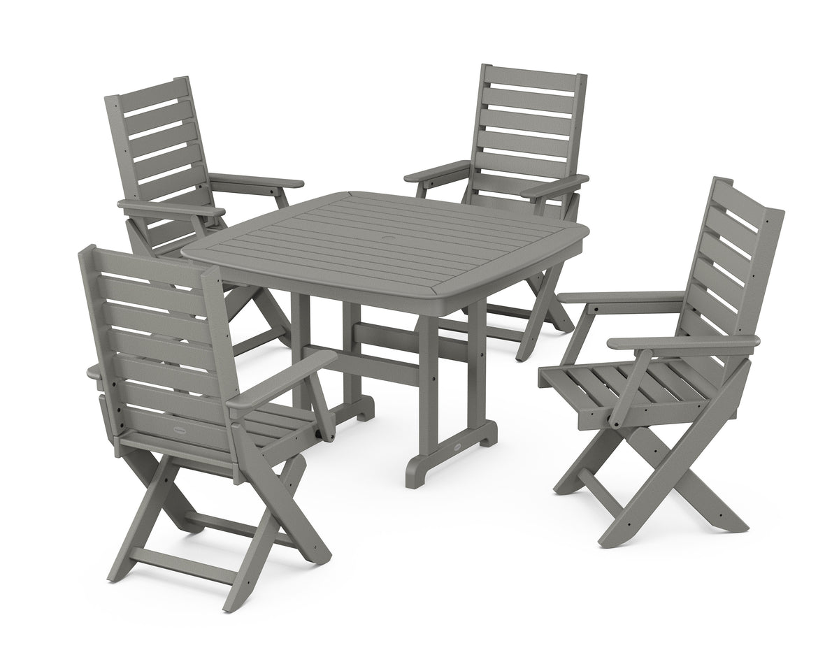 POLYWOOD Captain Folding Chair 5-Piece Dining Set with Trestle Legs - 44" Table in Slate Grey