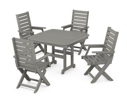 POLYWOOD Captain Folding Chair 5-Piece Dining Set with Trestle Legs - 44" Table in Slate Grey
