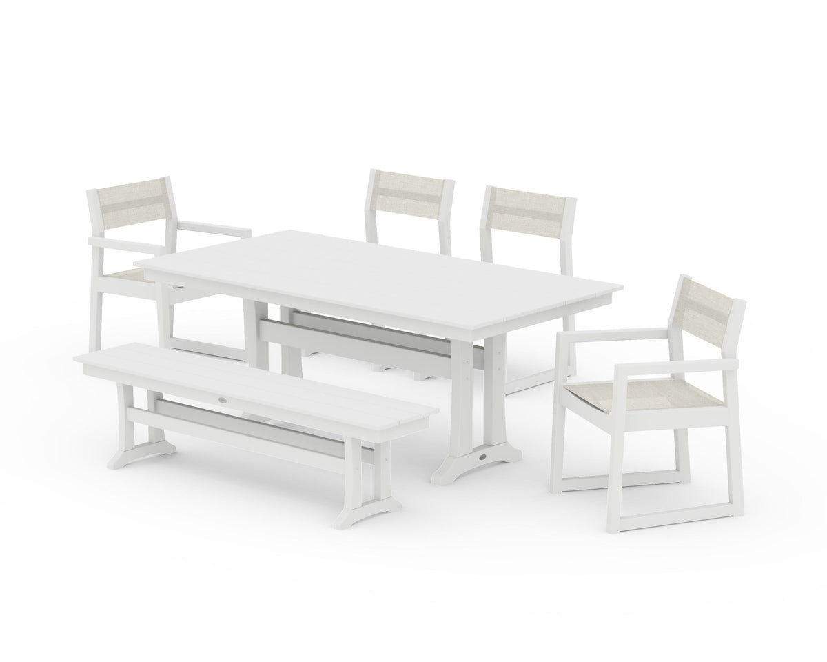 POLYWOOD EDGE Sling 6-Piece Farmhouse Dining Set With Trestle Legs in White / Parchment