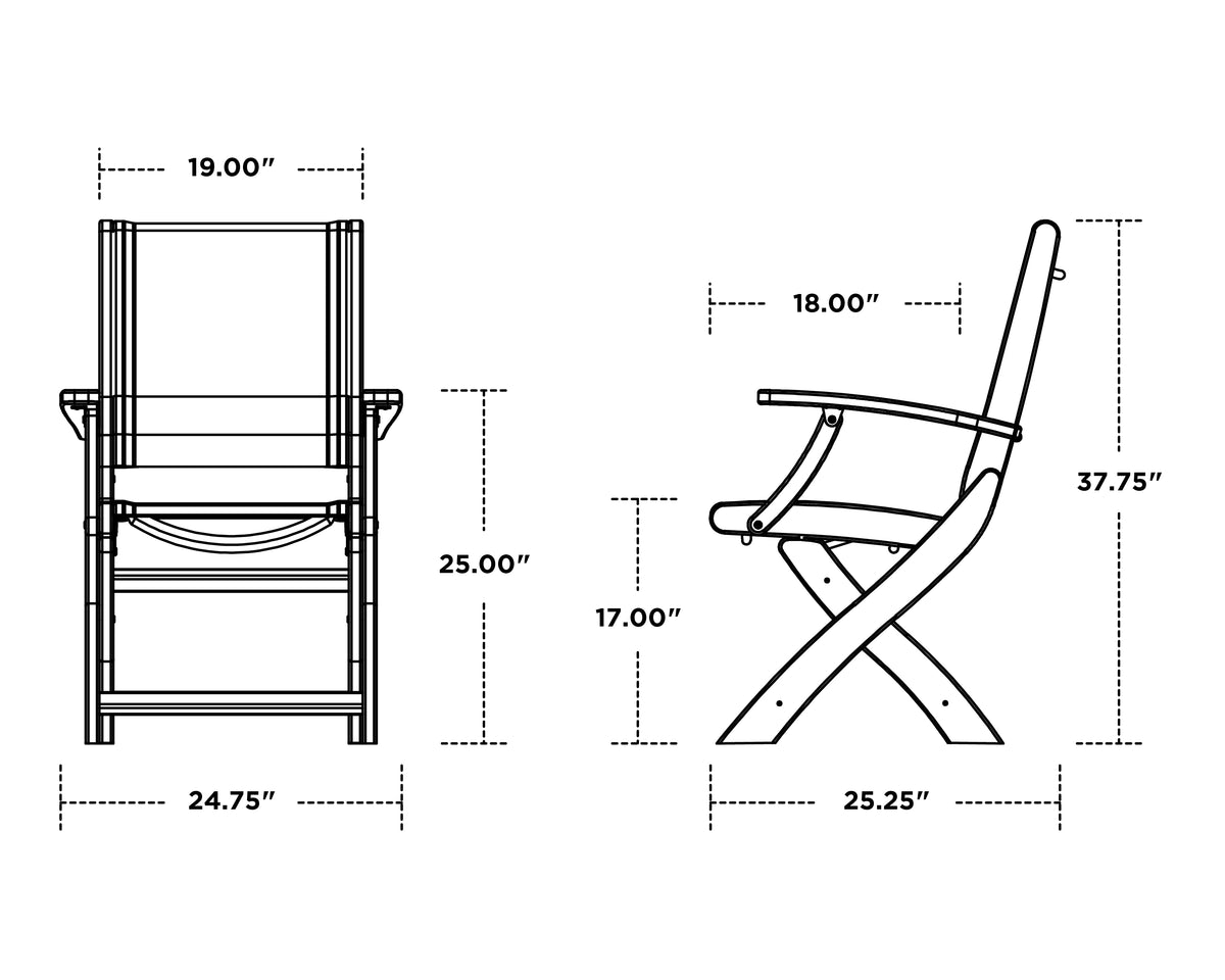 POLYWOOD Coastal Folding Chair dimension drawing with front and side measurements