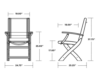 POLYWOOD Coastal Folding Chair dimension drawing with front and side measurements