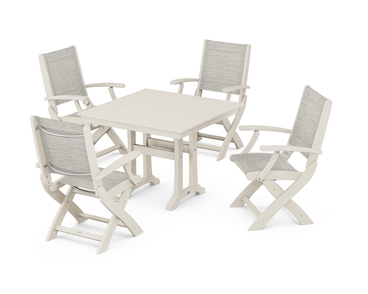 POLYWOOD Coastal Folding Chair 5-Piece Farmhouse Dining Set With Trestle Legs in Sand / Birch