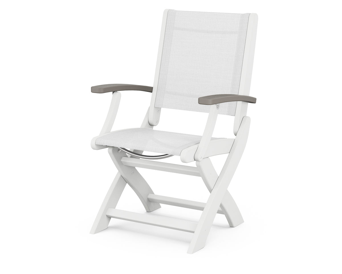 POLYWOOD Coastal Folding Chair in White with Driftwood arms and White sling