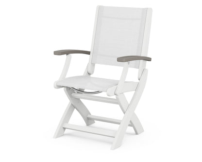 POLYWOOD Coastal Folding Chair in White with Driftwood arms and White sling
