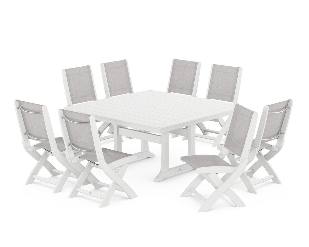 POLYWOOD Coastal Folding Side Chair 9-Piece Dining Set with Trestle Legs in White / Parchment