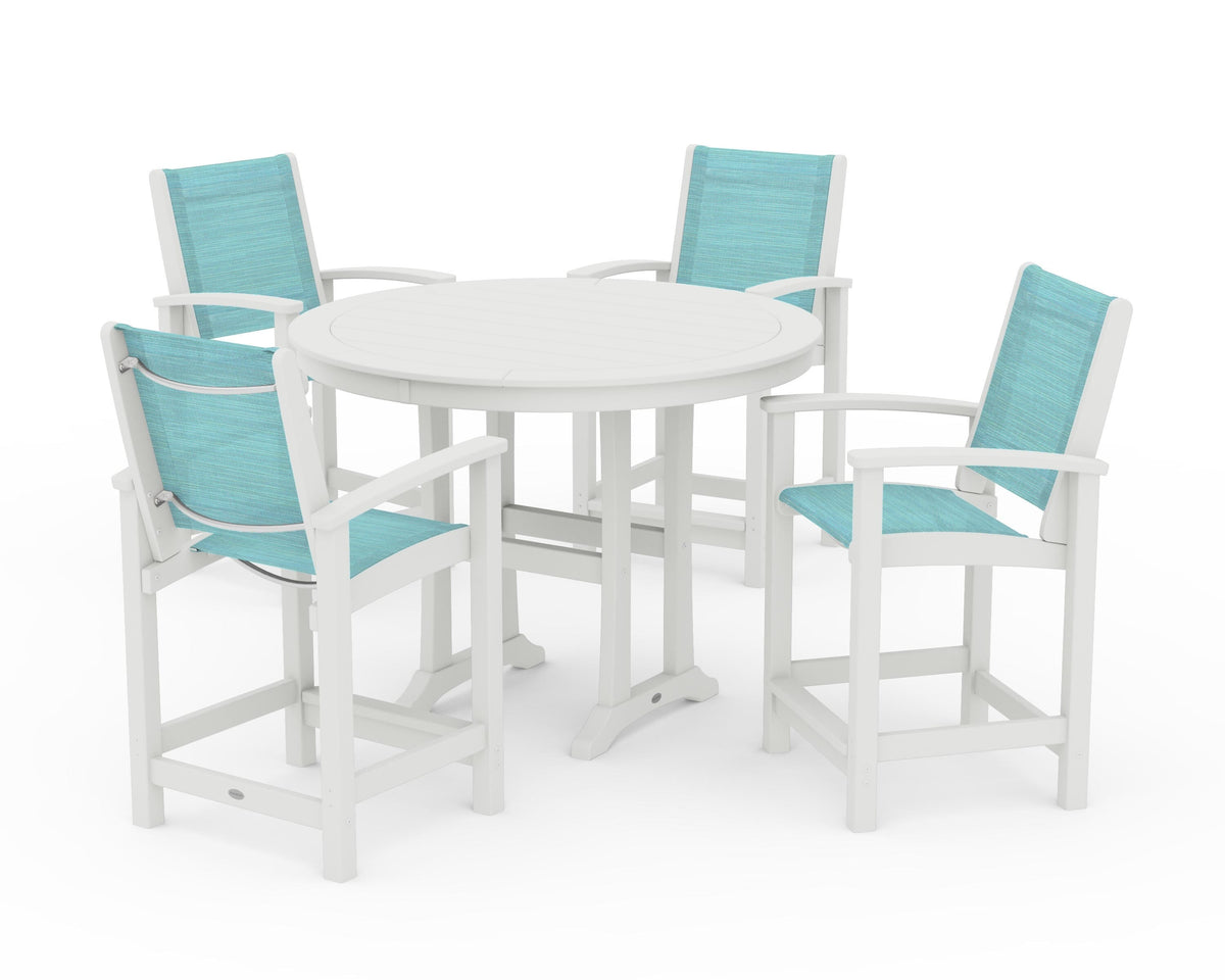 POLYWOOD Coastal 5-Piece Counter Set in Vintage White / Dupioni Aquamarine