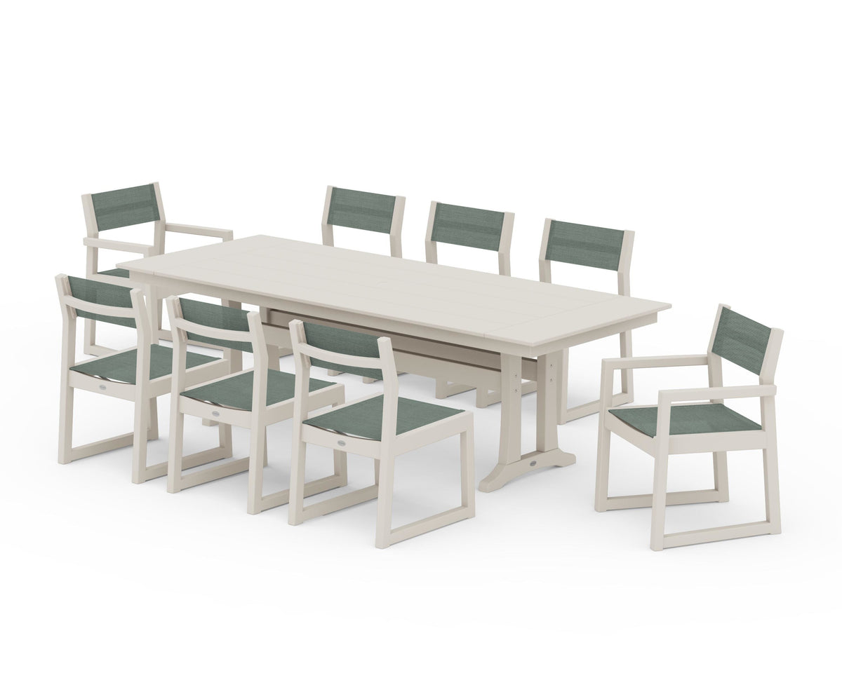 POLYWOOD EDGE Sling 9-Piece Farmhouse Trestle Dining Set in Sand / Dupioni Sea Mist