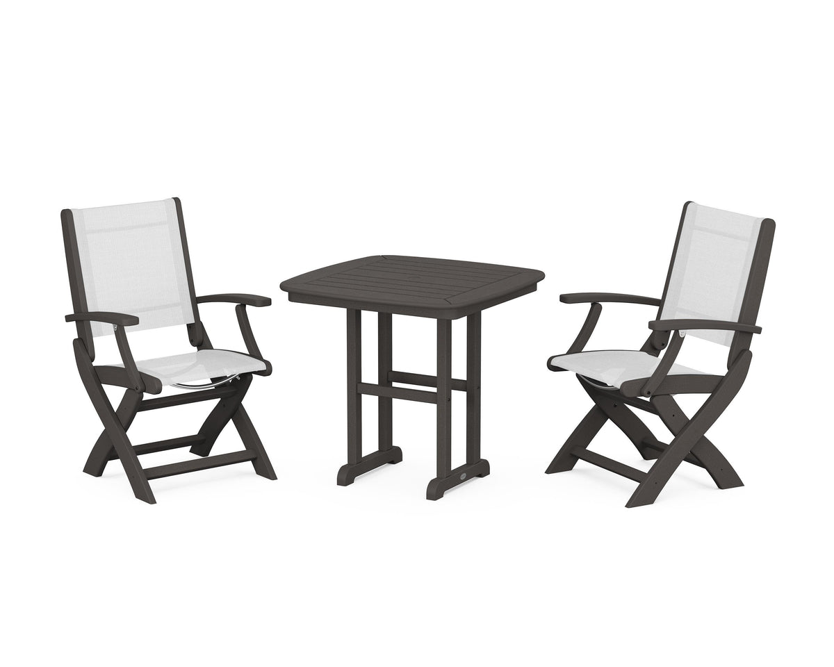 POLYWOOD Coastal Folding Chair 3-Piece Dining Set in Vintage Coffee / White