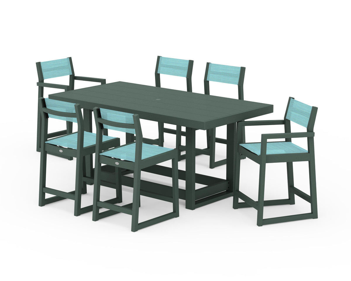 POLYWOOD EDGE Sling 7-Piece Counter Table Set in Green / Dupioni Aquamarine