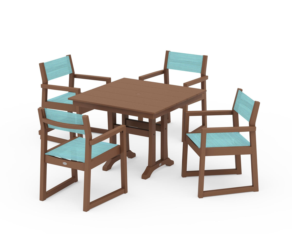 POLYWOOD EDGE Sling 5-Piece Farmhouse Dining Set with Trestle Legs in Teak / Dupioni Aquamarine