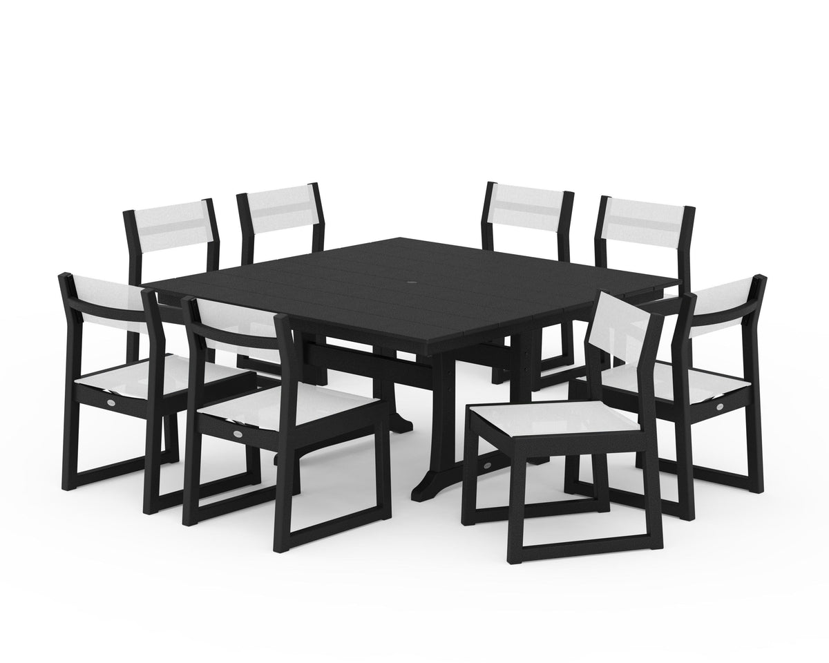 POLYWOOD EDGE Sling Side Chair 9-Piece Farmhouse Trestle Dining Set in Black / White
