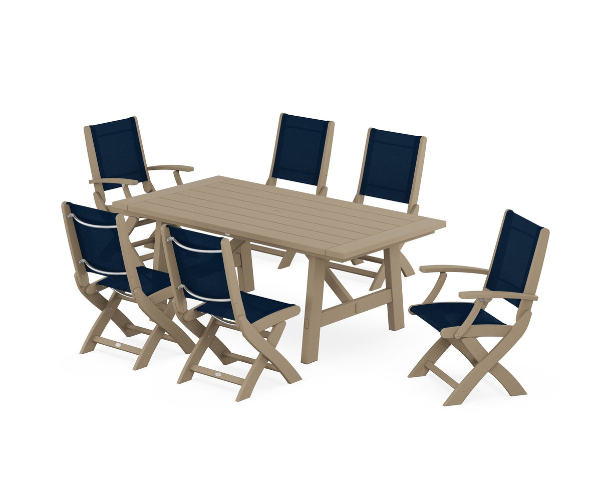 POLYWOOD Coastal Folding Chair 7-Piece Rustic Farmhouse Dining Set in Vintage Sahara / Navy Blue